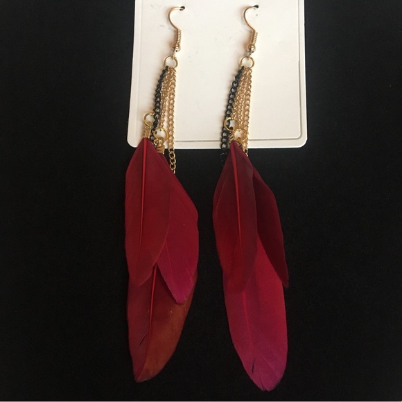Burgundy Red Feather Long Dangle Earrings - Picture 1 of 8